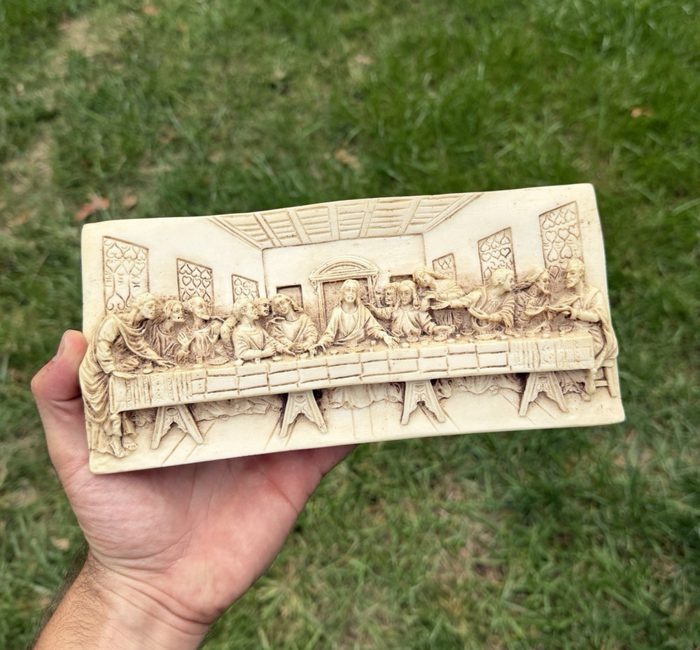 Vintage Last Supper Wall Plaque Hang High Relief Artmark Chalkware 9.5x4.5